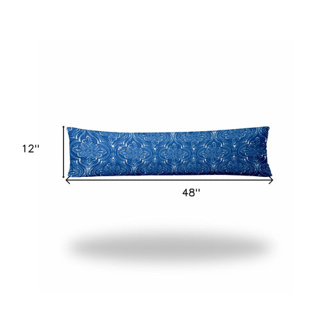 12" X 48" Blue And White Enveloped Ikat Lumbar Indoor Outdoor Pillow