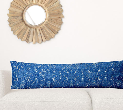 12" X 48" Blue And White Blown Seam Ikat Lumbar Indoor Outdoor Pillow