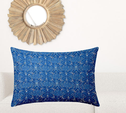 24" X 36" Blue And White Enveloped Ikat Lumbar Indoor Outdoor Pillow Cover