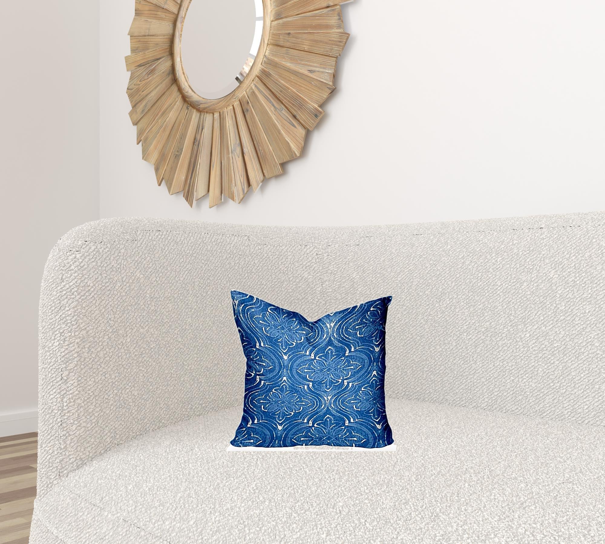 14" X 14" Blue And White Enveloped Ikat Throw Indoor Outdoor Pillow Cover