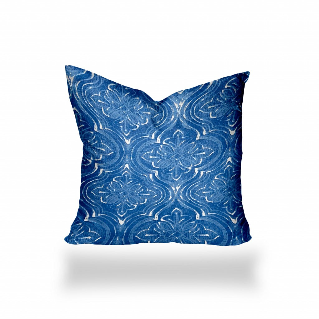 14" X 14" Blue And White Blown Seam Ikat Throw Indoor Outdoor Pillow