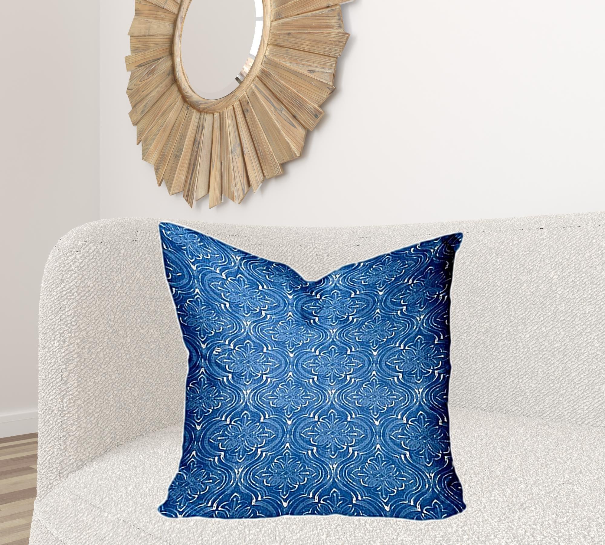 26" X 26" Blue And White Zippered Ikat Throw Indoor Outdoor Pillow Cover