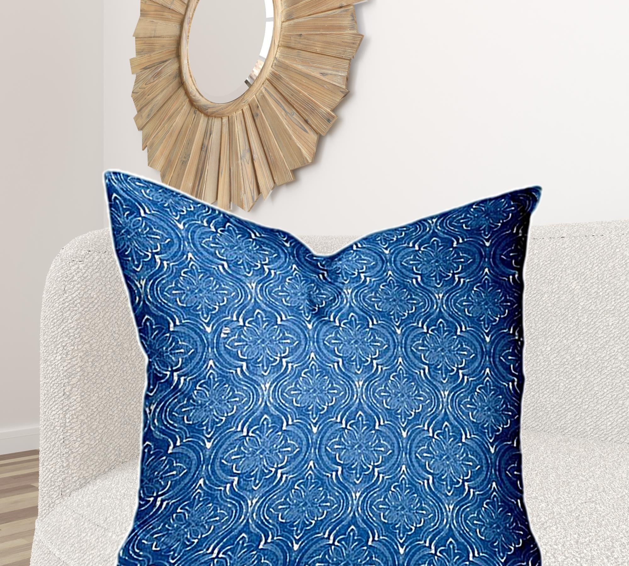 36" X 36" Blue And White Zippered Ikat Throw Indoor Outdoor Pillow Cover