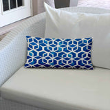 12" X 16" Blue And White Blown Seam Geometric Lumbar Indoor Outdoor Pillow