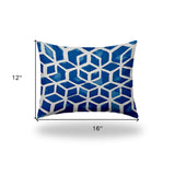 12" X 16" Blue And White Blown Seam Geometric Lumbar Indoor Outdoor Pillow