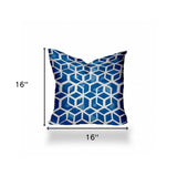 16" X 16" Blue And White Enveloped Geometric Throw Indoor Outdoor Pillow