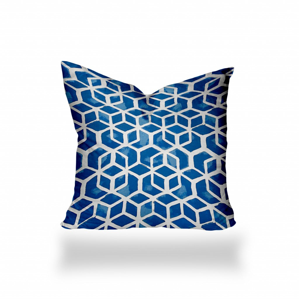 20" X 20" Blue And White Blown Seam Geometric Throw Indoor Outdoor Pillow