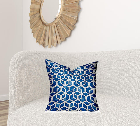 20" X 20" Blue And White Blown Seam Geometric Throw Indoor Outdoor Pillow