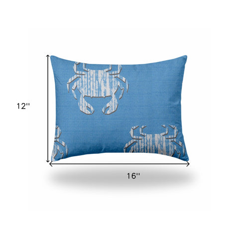 12" X 16" Blue And White Crab Enveloped Lumbar Indoor Outdoor Pillow Cover