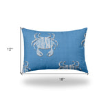 12" X 18" Blue And White Crab Blown Seam Coastal Lumbar Indoor Outdoor Pillow