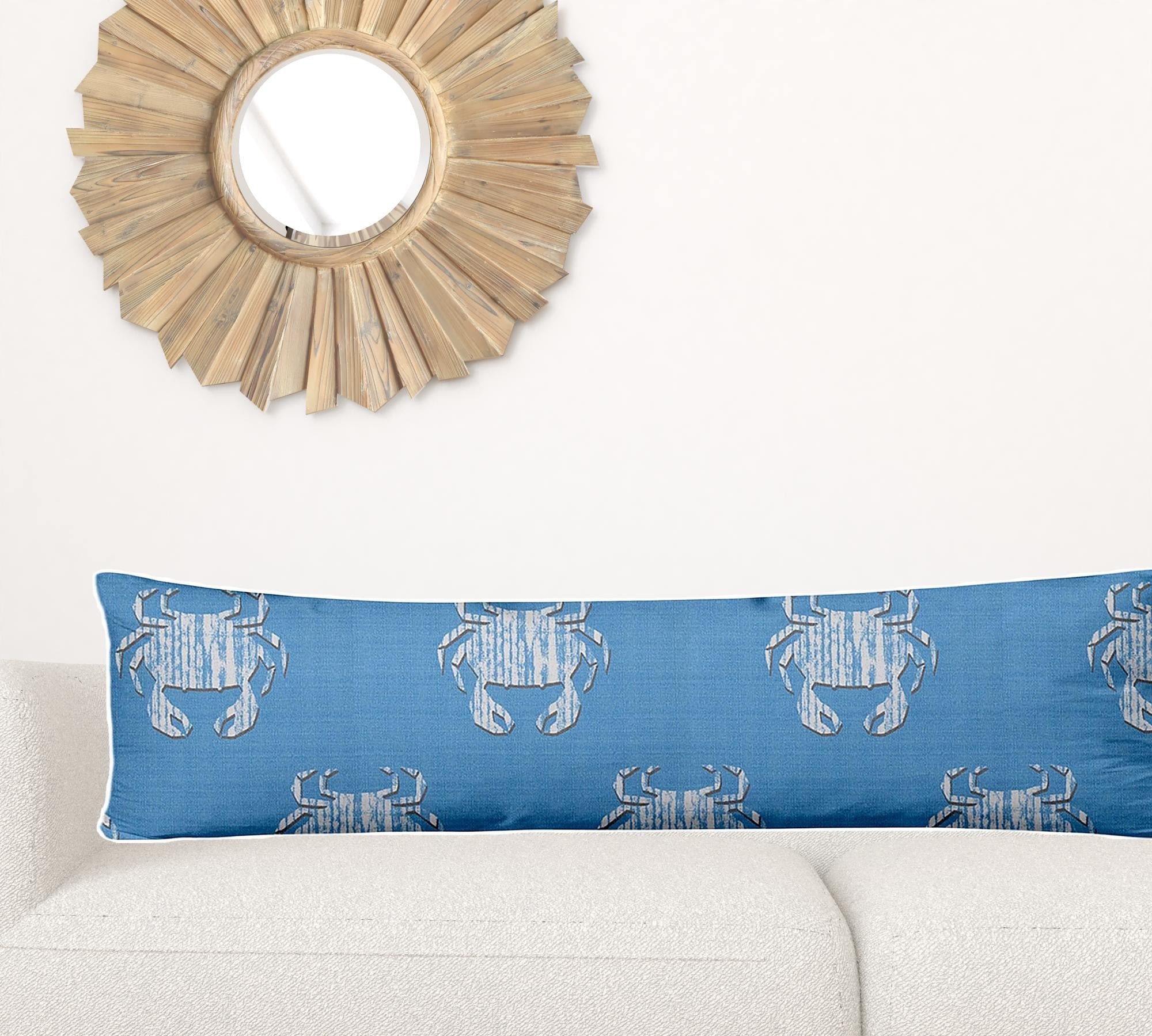 12" X 48" Blue And White Crab Enveloped Coastal Lumbar Indoor Outdoor Pillow