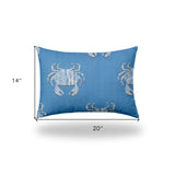 14" X 20" Blue And White Crab Enveloped Lumbar Indoor Outdoor Pillow Cover