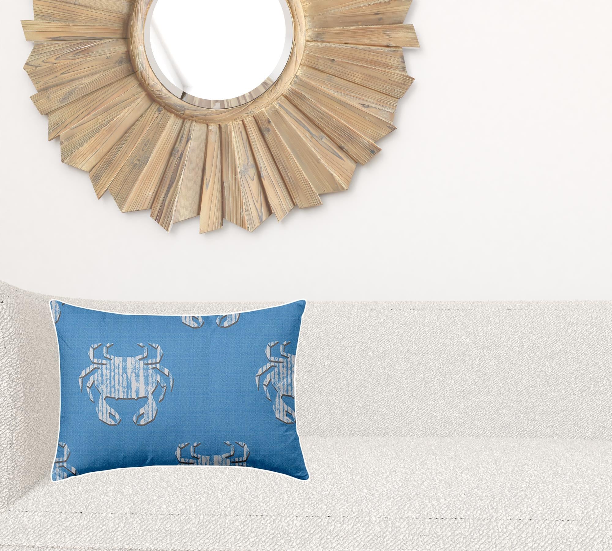 14" X 20" Blue And White Crab Enveloped Coastal Lumbar Indoor Outdoor Pillow