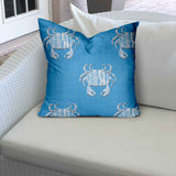 12" X 12" Blue And White Crab Enveloped Coastal Throw Indoor Outdoor Pillow