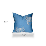 14" X 14" Blue And White Crab Enveloped Coastal Throw Indoor Outdoor Pillow Cover