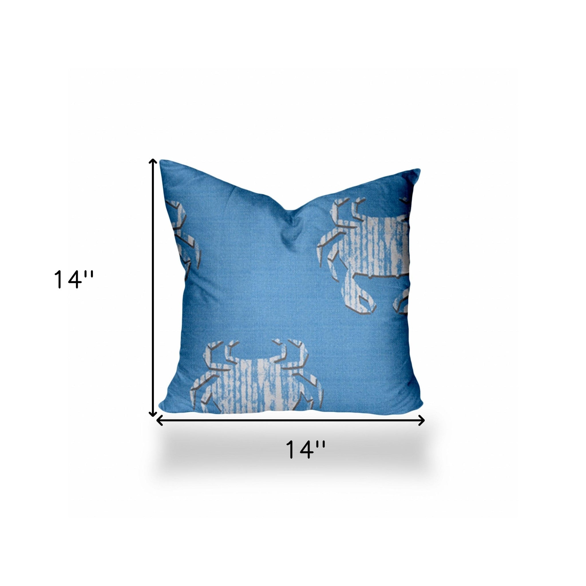 14" X 14" Blue And White Crab Blown Seam Coastal Throw Indoor Outdoor Pillow