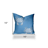 16" X 16" Blue And White Crab Enveloped Coastal Throw Indoor Outdoor Pillow Cover