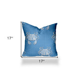 17" X 17" Blue And White Crab Enveloped Coastal Throw Indoor Outdoor Pillow