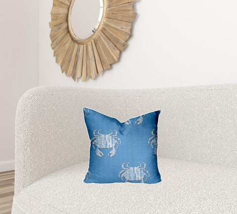 17" X 17" Blue And White Crab Enveloped Coastal Throw Indoor Outdoor Pillow