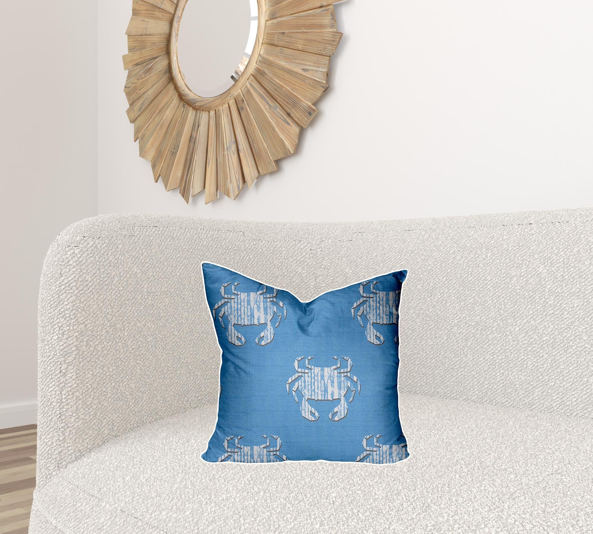 18" X 18" Blue And White Crab Enveloped Coastal Throw Indoor Outdoor Pillow