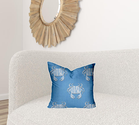 18" X 18" Blue And White Crab Zippered Coastal Throw Indoor Outdoor Pillow Cover