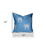 22" X 22" Blue And White Crab Enveloped Coastal Throw Indoor Outdoor Pillow