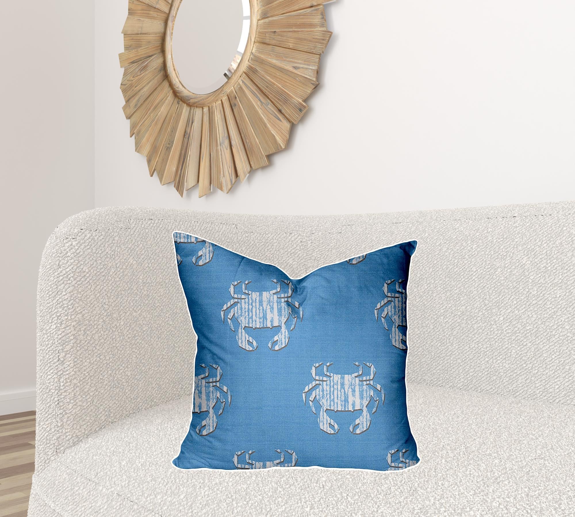 22" X 22" Blue And White Crab Enveloped Coastal Throw Indoor Outdoor Pillow