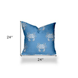 24" X 24" Blue And White Crab Enveloped Coastal Throw Indoor Outdoor Pillow Cover