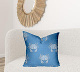 24" X 24" Blue And White Crab Enveloped Coastal Throw Indoor Outdoor Pillow Cover