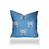 26" X 26" Blue And White Crab Enveloped Coastal Throw Indoor Outdoor Pillow