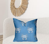 26" X 26" Blue And White Crab Enveloped Coastal Throw Indoor Outdoor Pillow