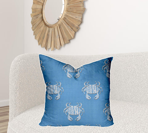 26" X 26" Blue And White Crab Zippered Coastal Throw Indoor Outdoor Pillow Cover