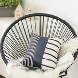 22" X 22" Navy Blue Striped Zippered Handmade Faux Leather Throw Pillow Cover