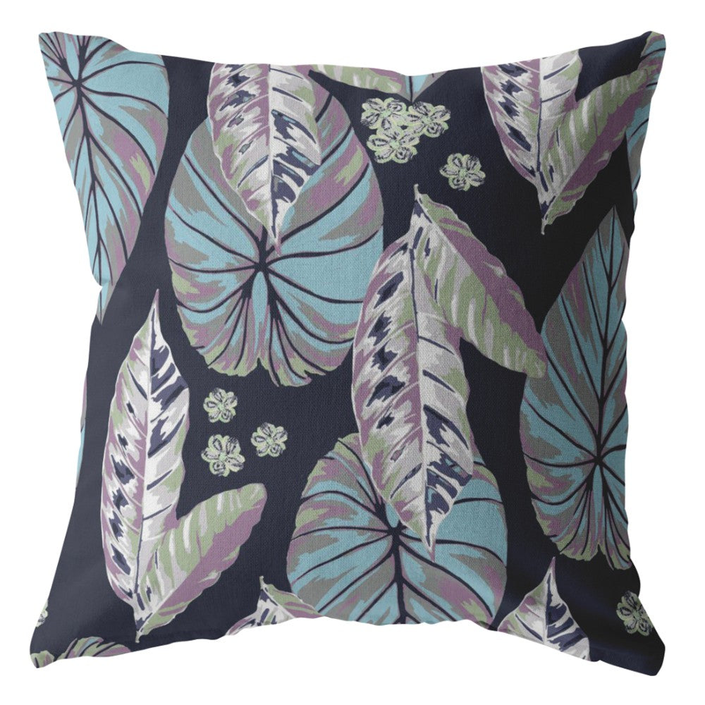 18” Blue Purple Tropical Leaf Zippered Suede Throw Pillow