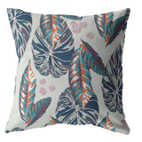 16” Blue Gray Tropical Leaf Zippered Suede Throw Pillow