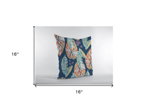 16” Orange Blue Tropical Leaf Zippered Suede Throw Pillow