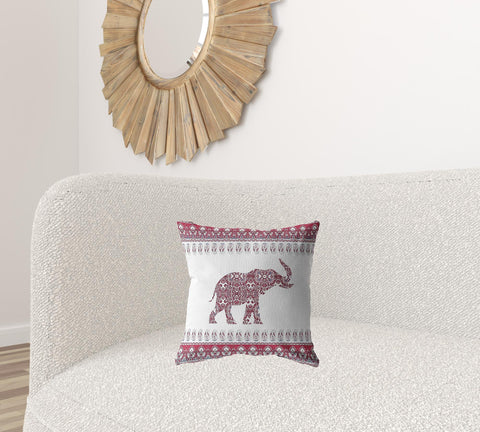 16” Red White Ornate Elephant Zippered Suede Throw Pillow