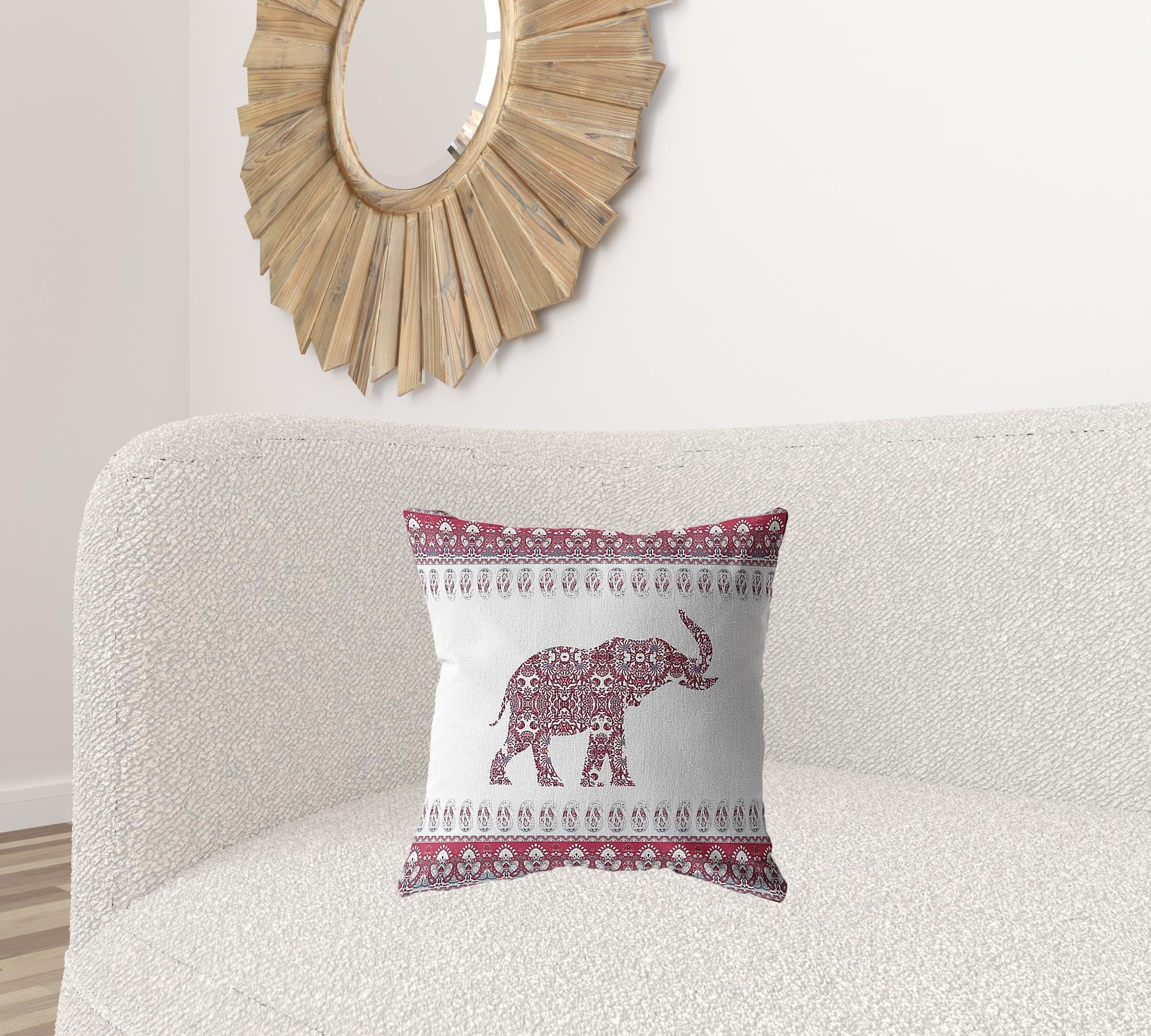 18” Red White Ornate Elephant Zippered Suede Throw Pillow