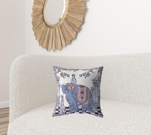 18” Blue Purple Ornate Elephant Zippered Suede Throw Pillow