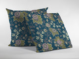 16” Teal Green Jacobean Zippered Suede Throw Pillow