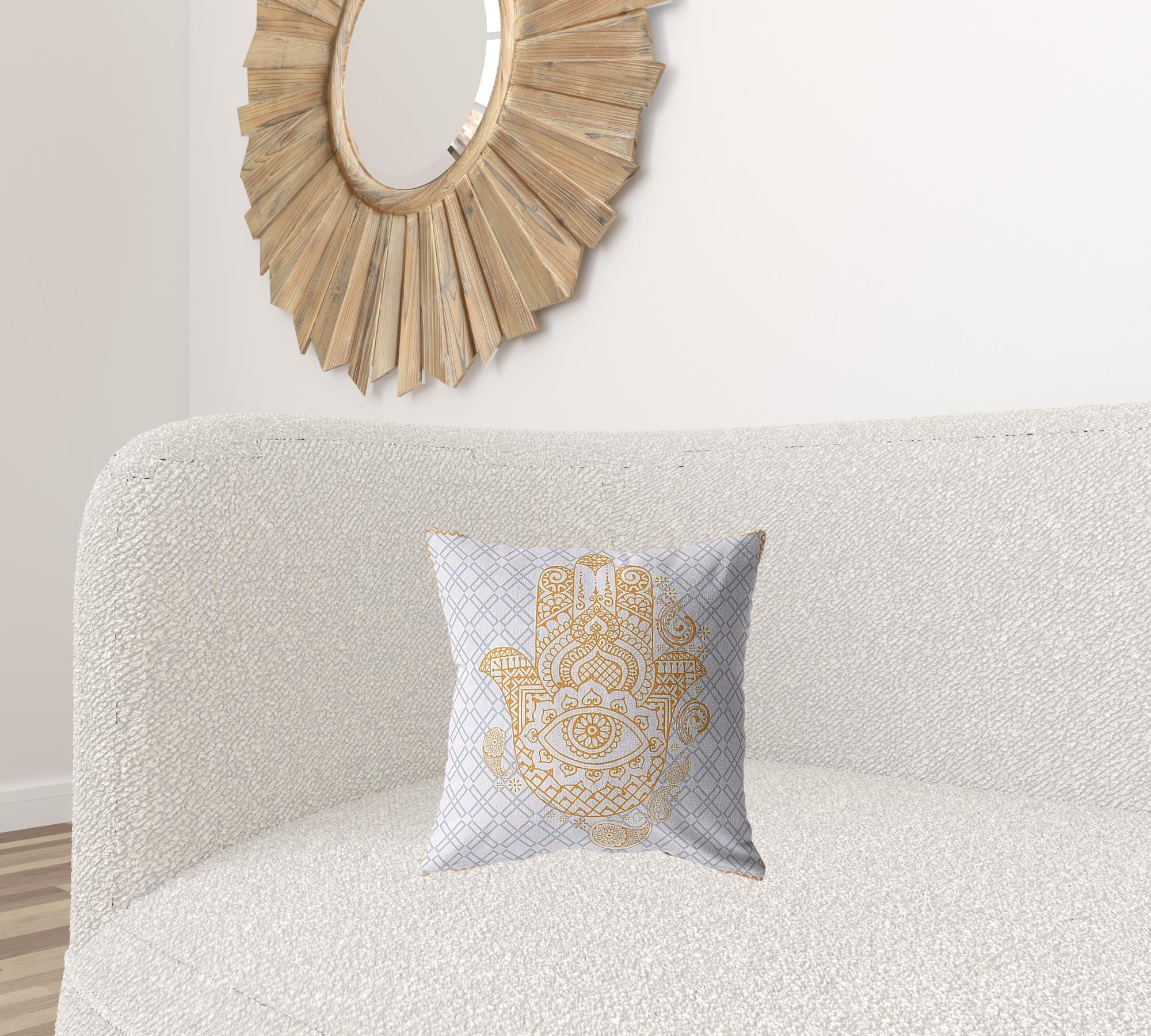 16” Gold Gray Hamsa Suede Zippered Throw Pillow