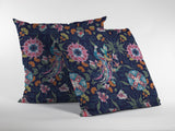 16" Navy Pink Peacock Zippered Suede Throw Pillow