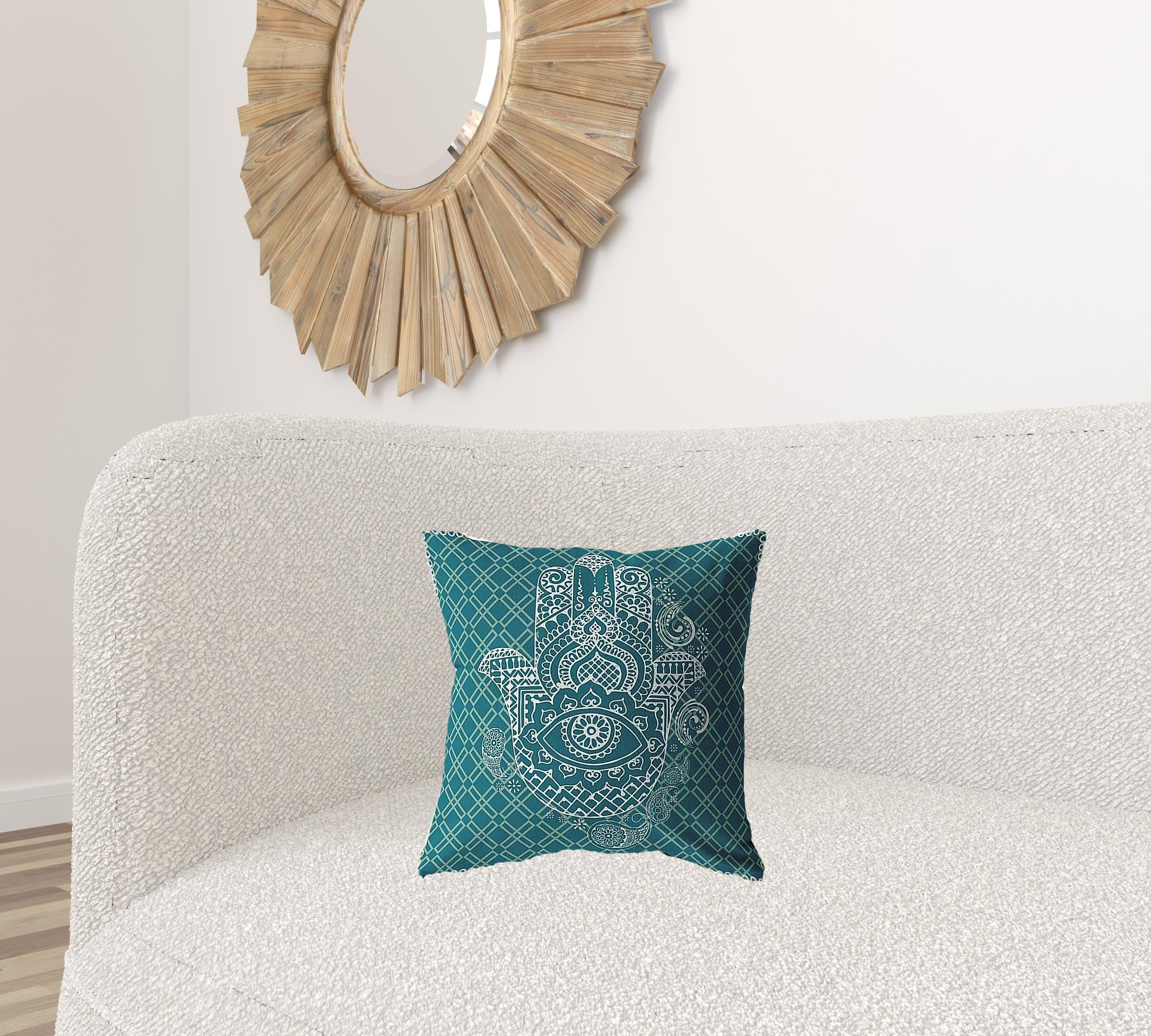 16” Teal White Hamsa Suede Zippered Throw Pillow