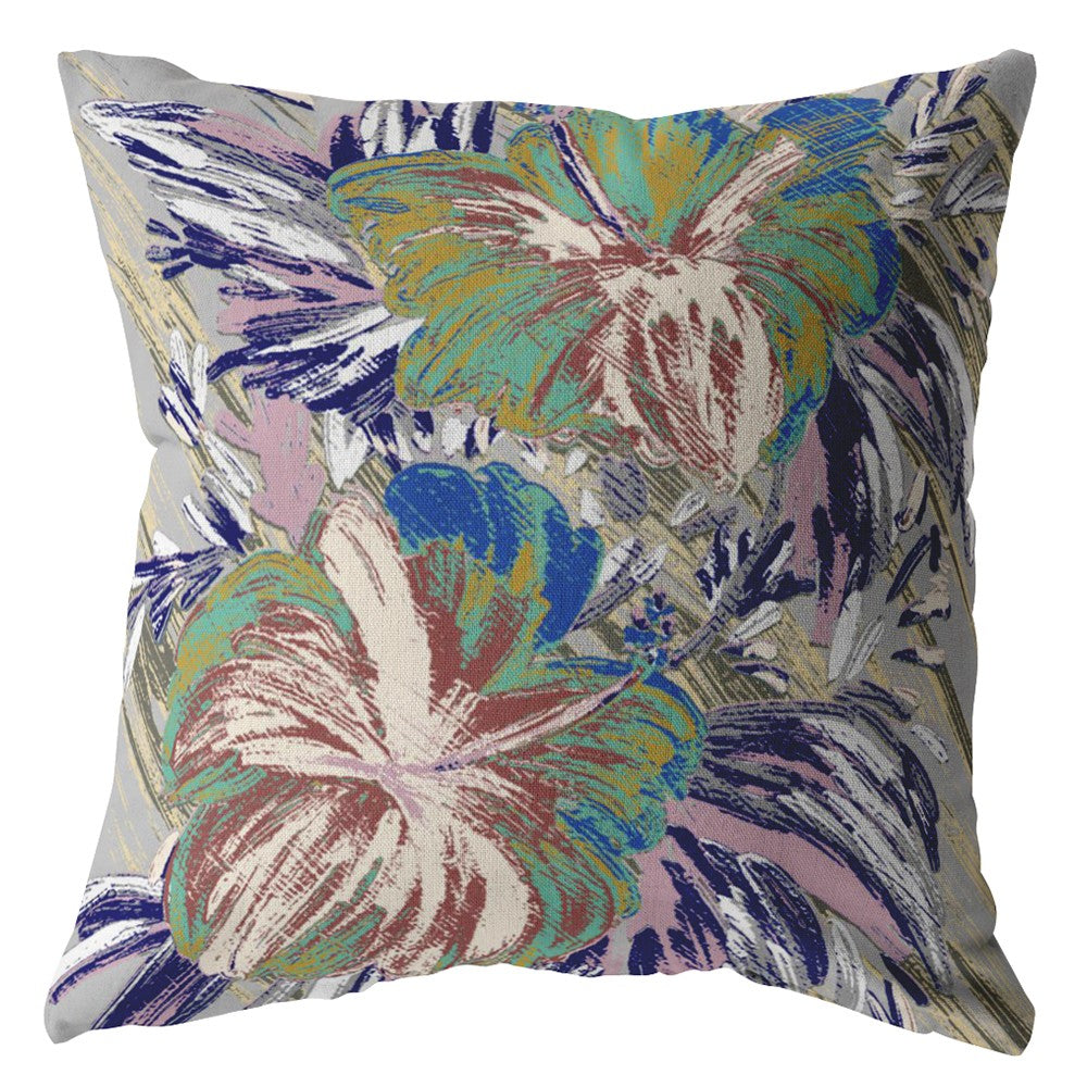 18” Lilac Green Hibiscus Zippered Suede Throw Pillow
