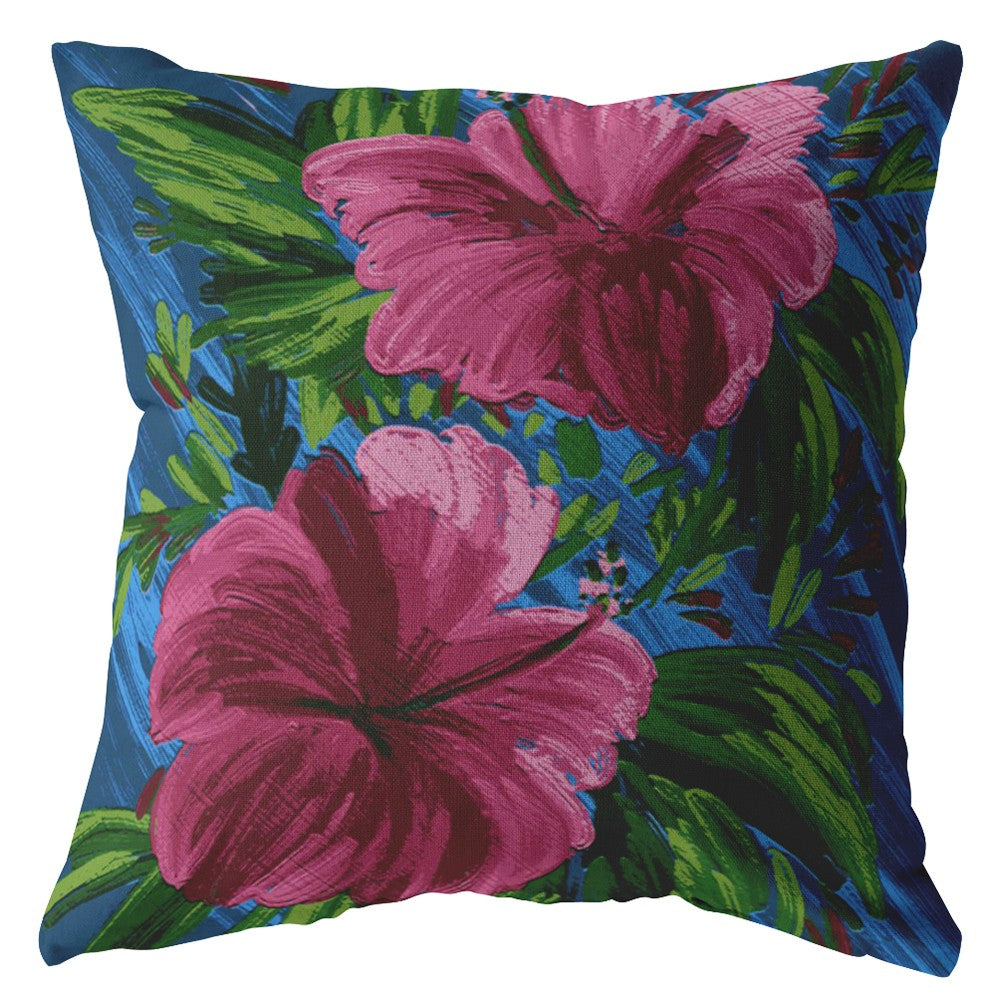 16” Pink Blue Hibiscus Zippered Suede Throw Pillow