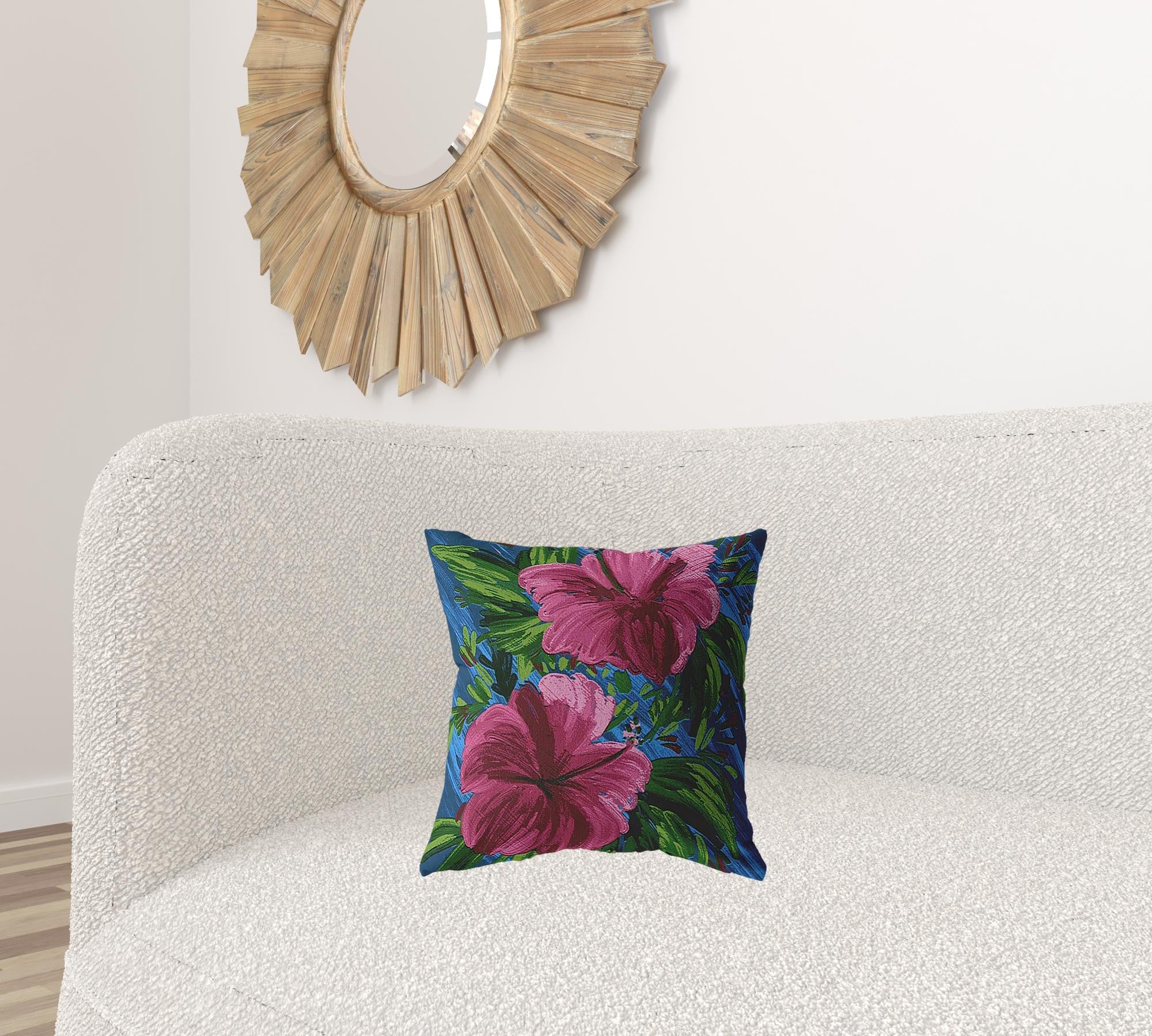 16” Pink Blue Hibiscus Zippered Suede Throw Pillow