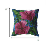 18” Pink Blue Hibiscus Zippered Suede Throw Pillow