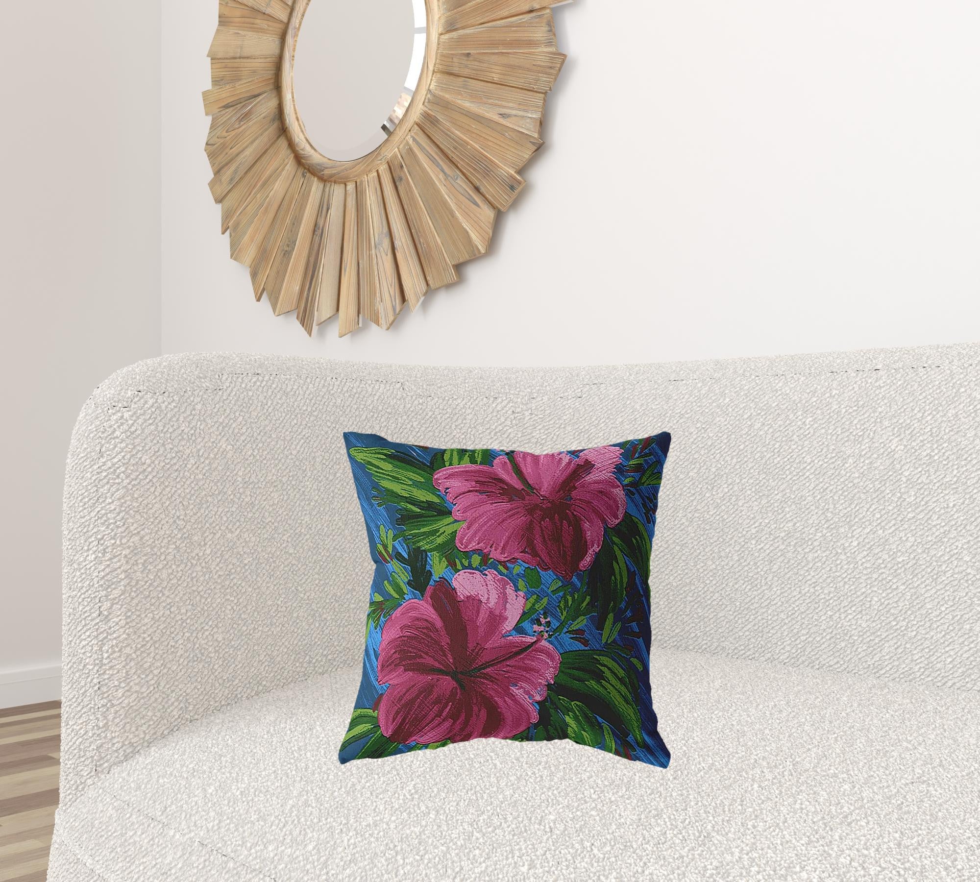 18” Pink Blue Hibiscus Zippered Suede Throw Pillow