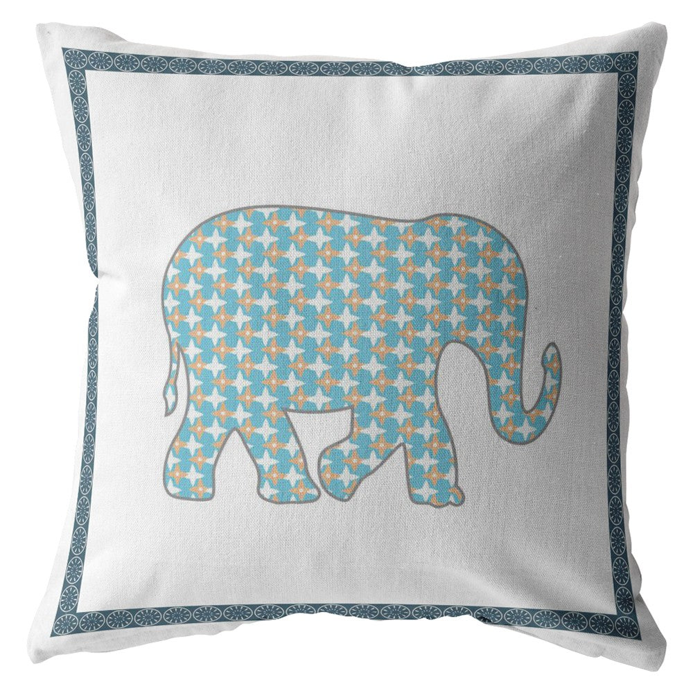 16” Blue White Elephant Zippered Suede Throw Pillow