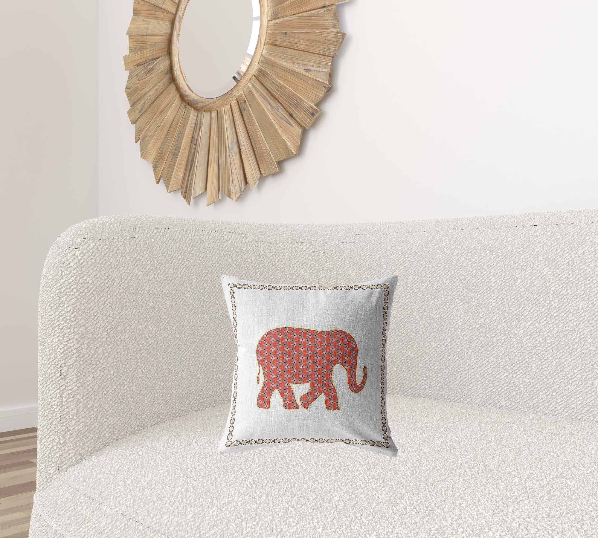 16” Orange White Elephant Zippered Suede Throw Pillow